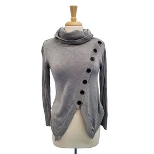 Womens Gray Waffle Knit Cross Body Button Turtleneck Sweater Size S Long Sleeve‎